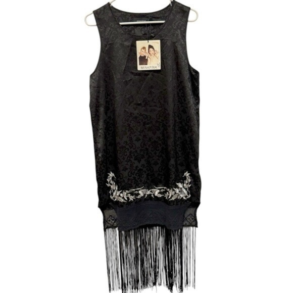 MinkPink Women’s Black Tank Embroidered Dress With Crochet Bottom Tassels Hem L - Picture 1 of 9